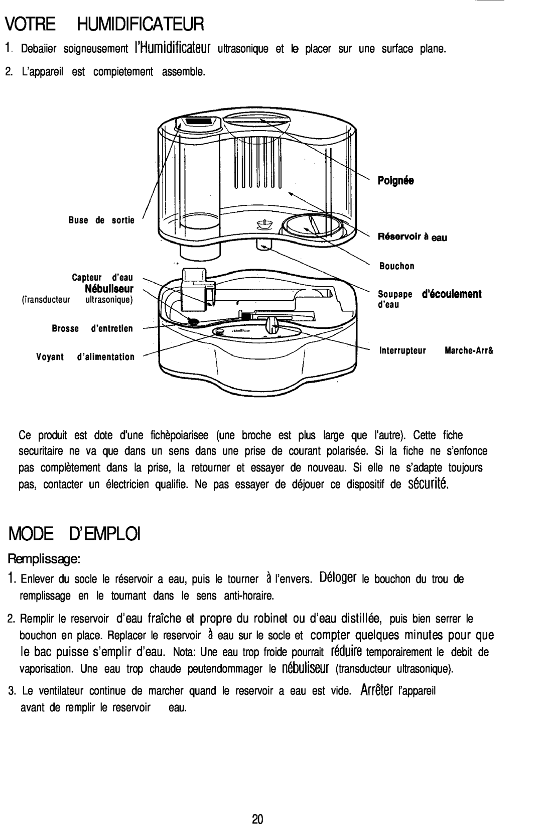 Sunbeam 696 instruction manual Votre Humidificateur, Mode D’Emploi, Remplissage 