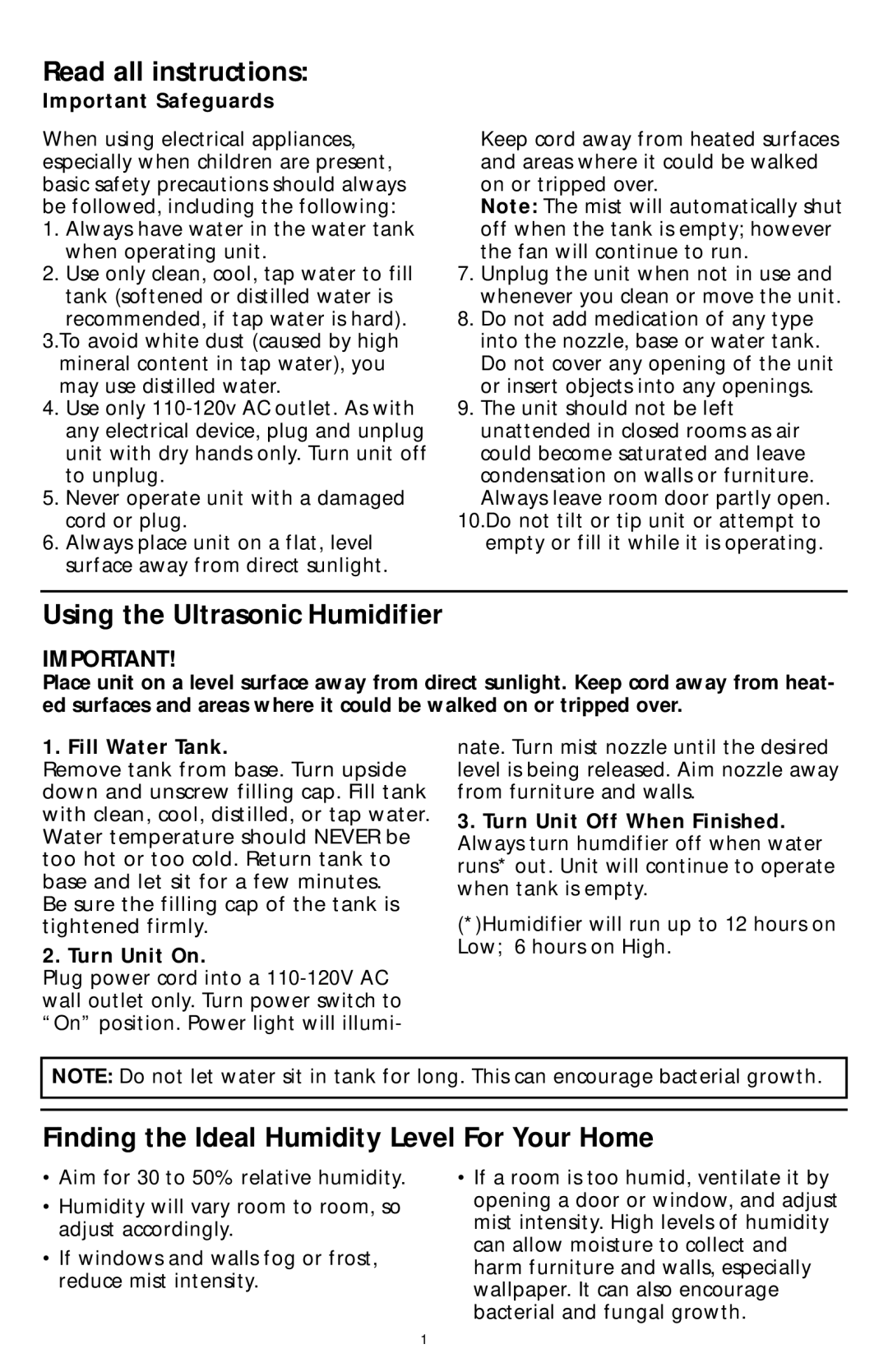 Sunbeam 697 Read all instructions, Using the Ultrasonic Humidifier, Finding the Ideal Humidity Level For Your Home 