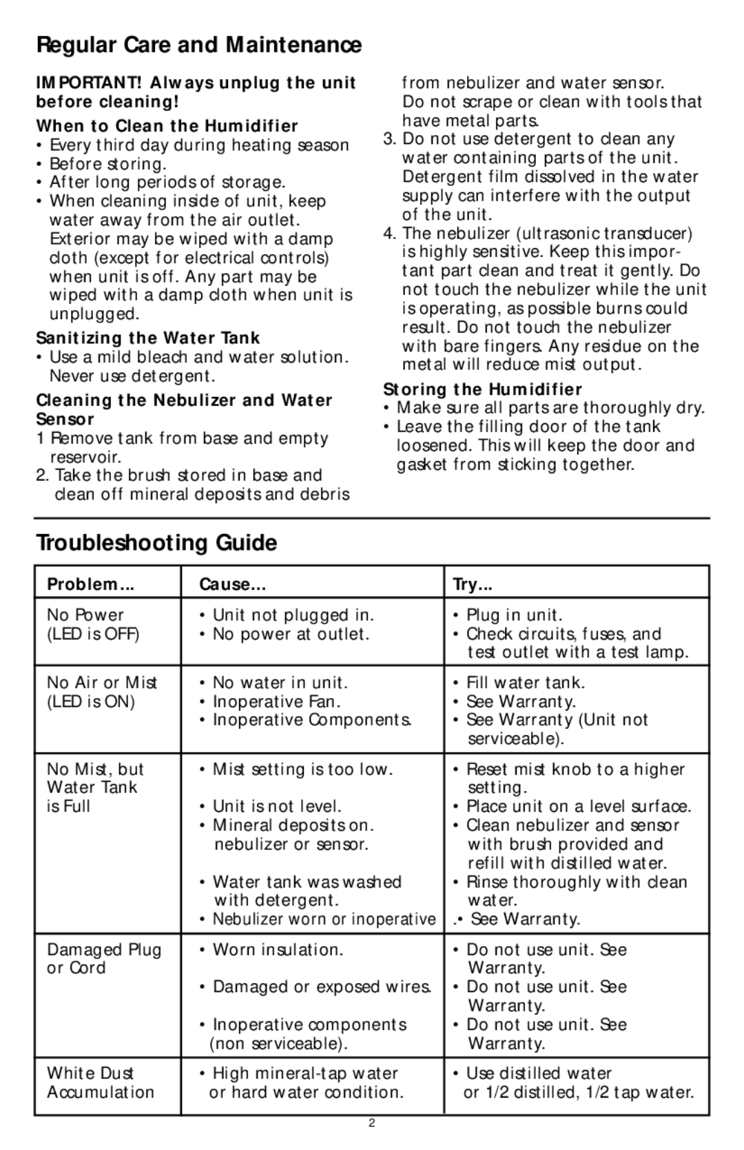 Sunbeam 697 instruction manual Regular Care and Maintenance, Troubleshooting Guide 