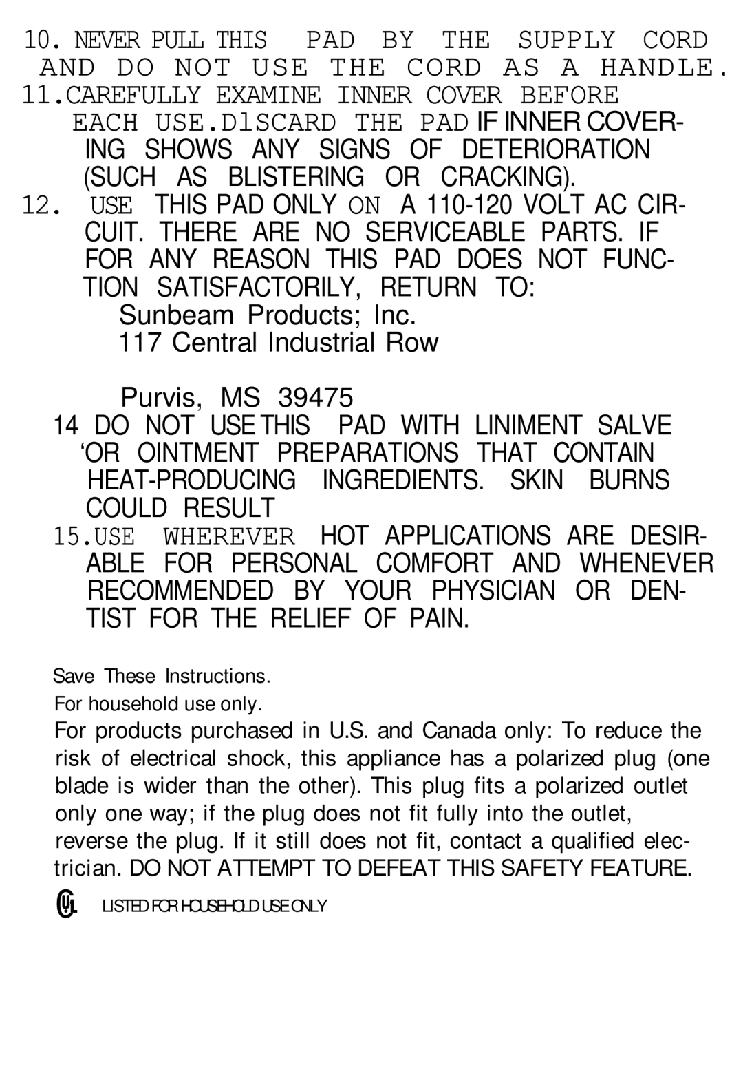 Sunbeam 739 manual Sunbeam Products Inc Central Industrial Row Purvis, MS 