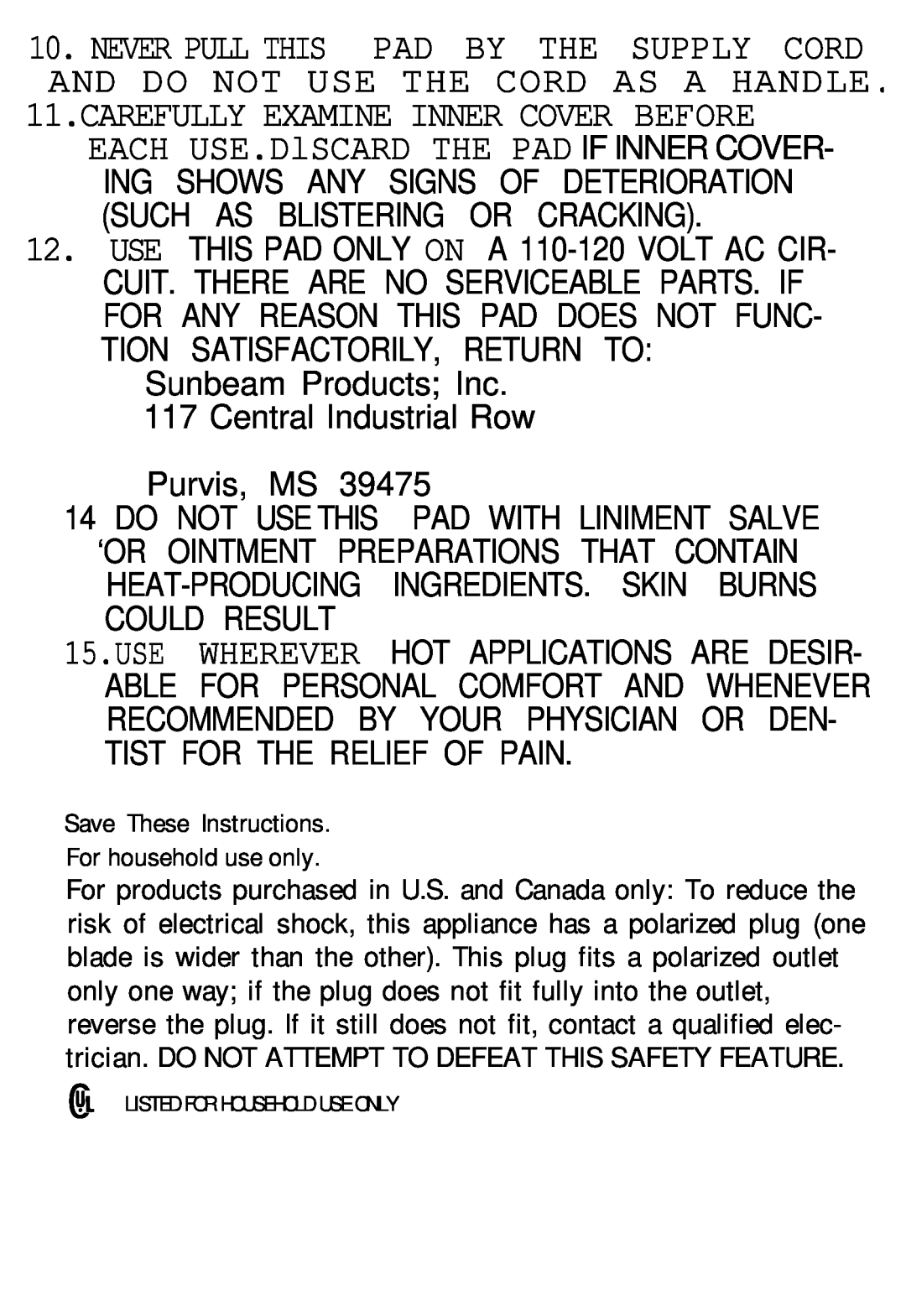 Sunbeam 739 manual Sunbeam Products Inc. 117 Central Industrial Row 