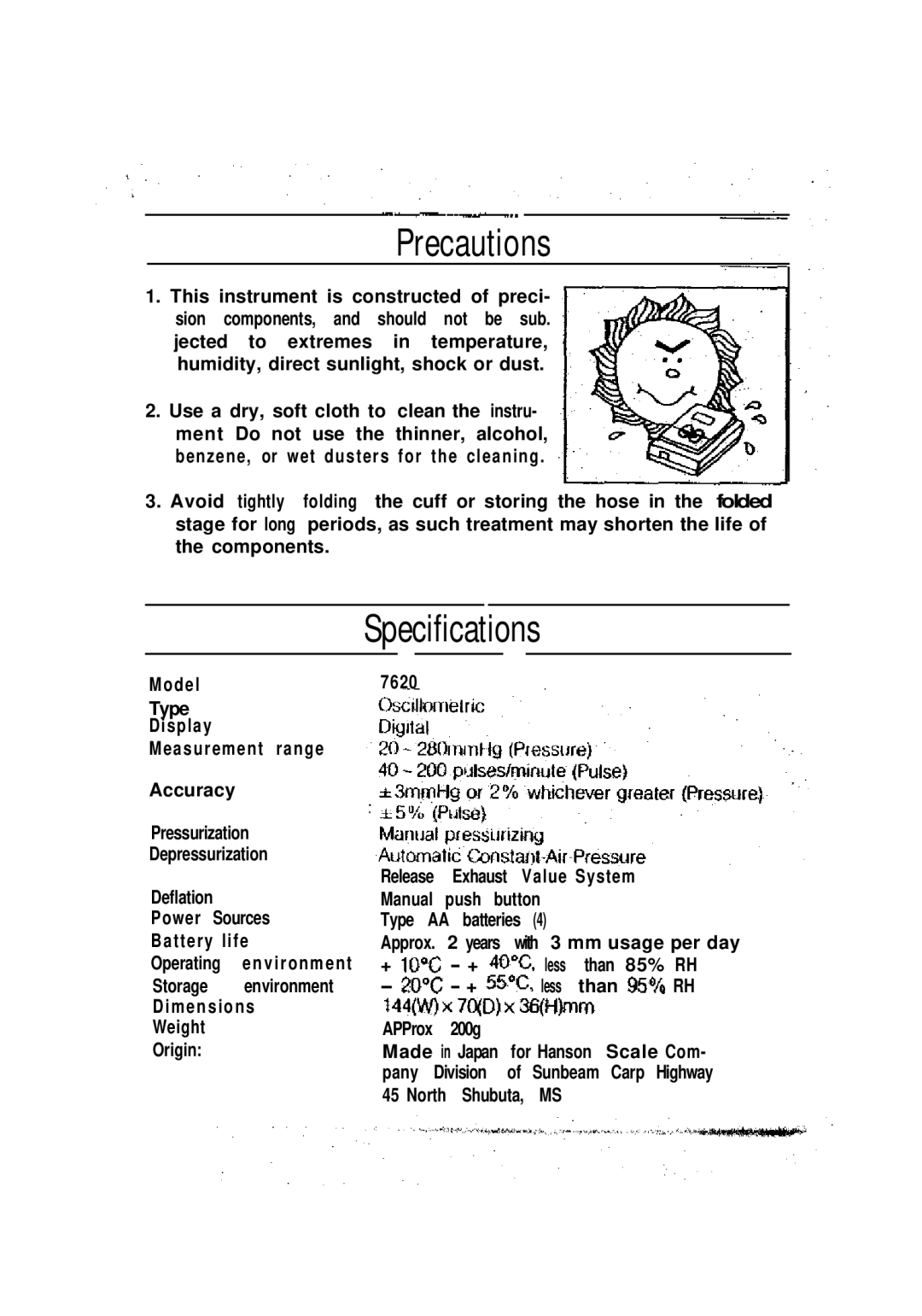 Sunbeam 7620 instruction manual Precautions, Specifications 