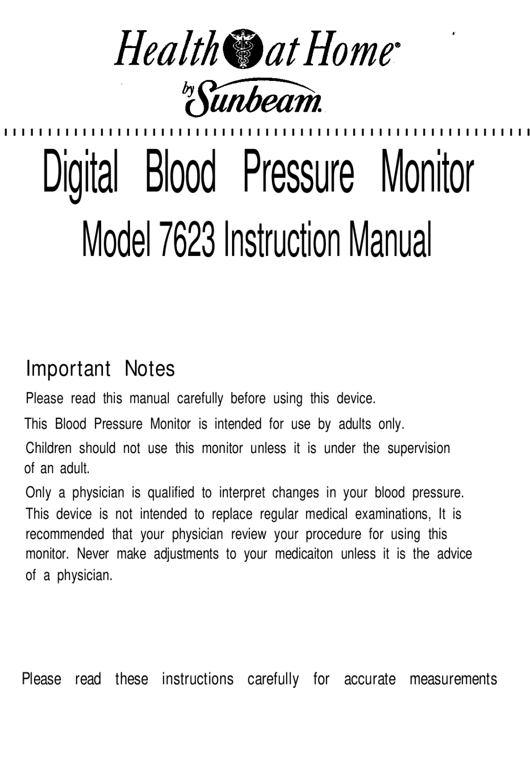 Sunbeam 7623 instruction manual Digital Blood Pressure Monitor 