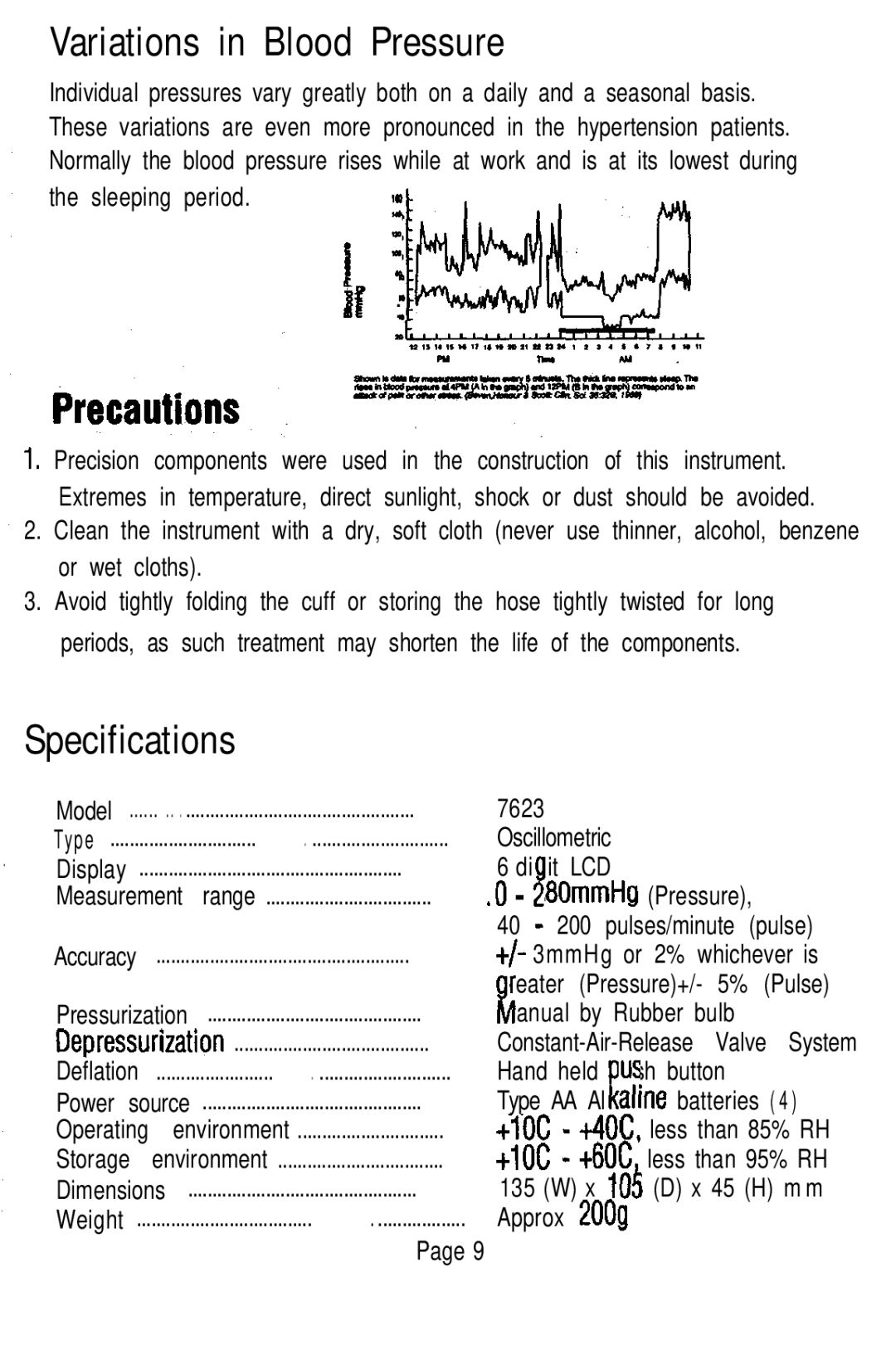 Sunbeam 7623 instruction manual Variations in Blood Pressure, Specifications 