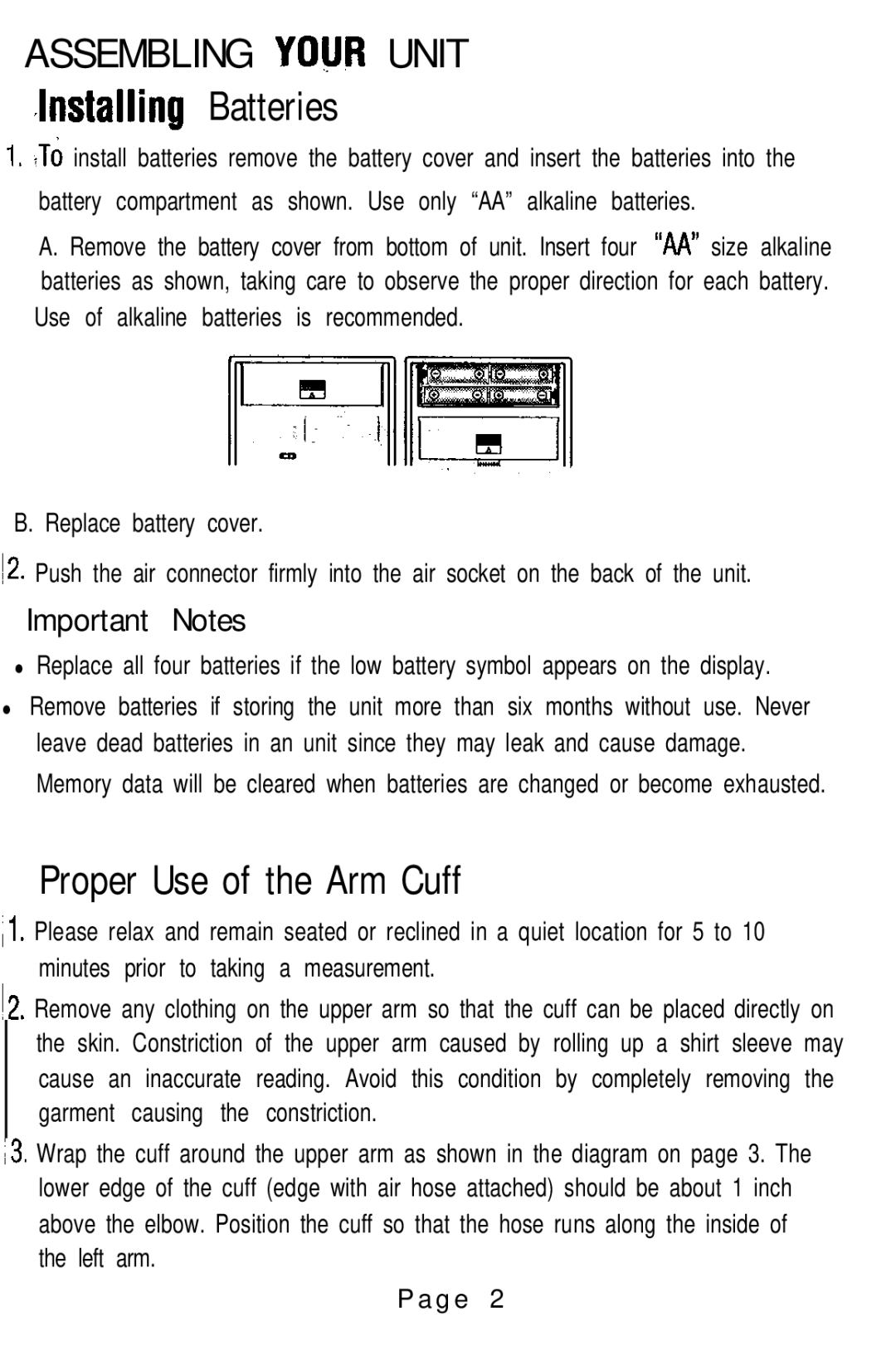 Sunbeam 7623 instruction manual ~ Assembling Your Unit hxdalling Batteries, Proper Use of the Arm Cuff 