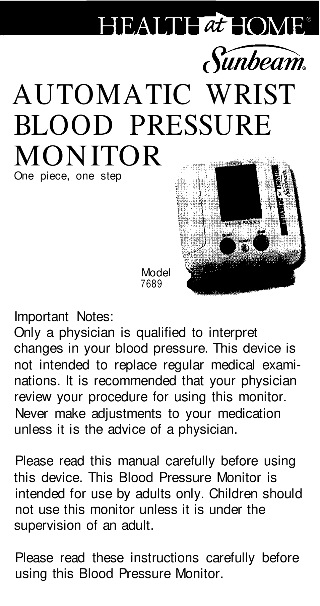 Sunbeam 7689 manual Automatic Wrist Blood Pressure Monitor 