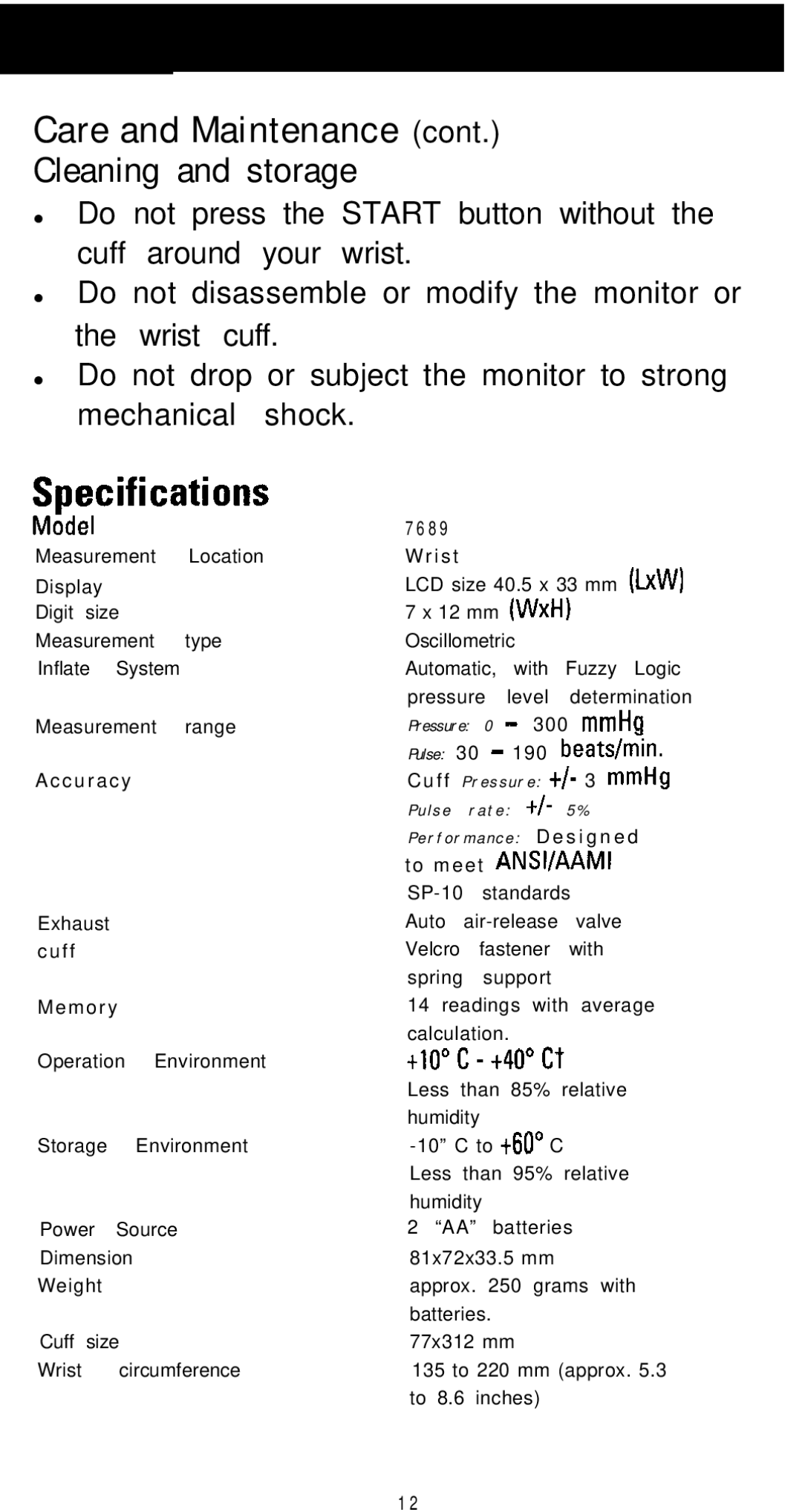 Sunbeam 7689 manual Care and Maintenance, Iopdcifications, Cleaning and storage 