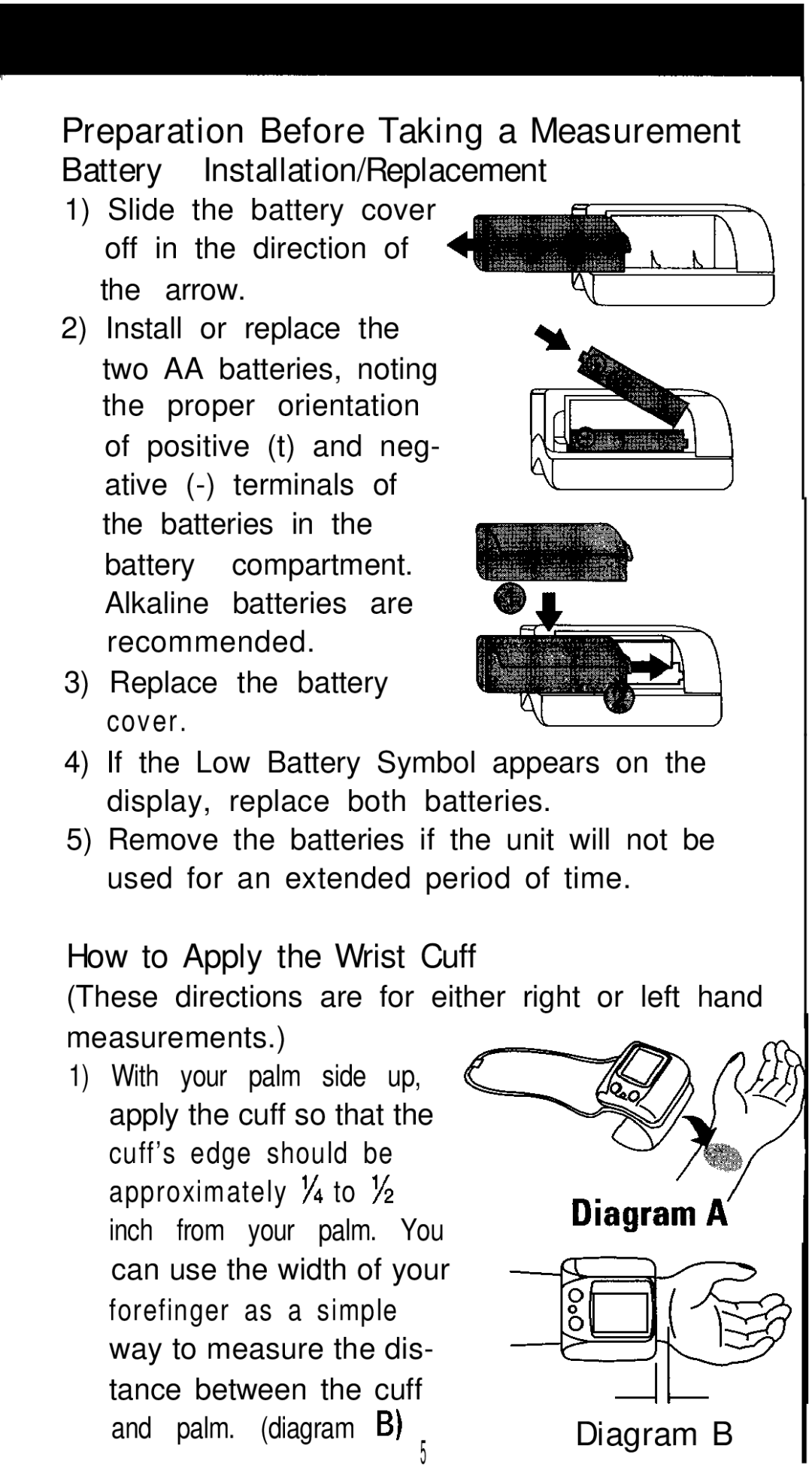 Sunbeam 7689 manual Preparation Before Taking a Measurement, Battery Installation/Replacement, How to Apply the Wrist Cuff 