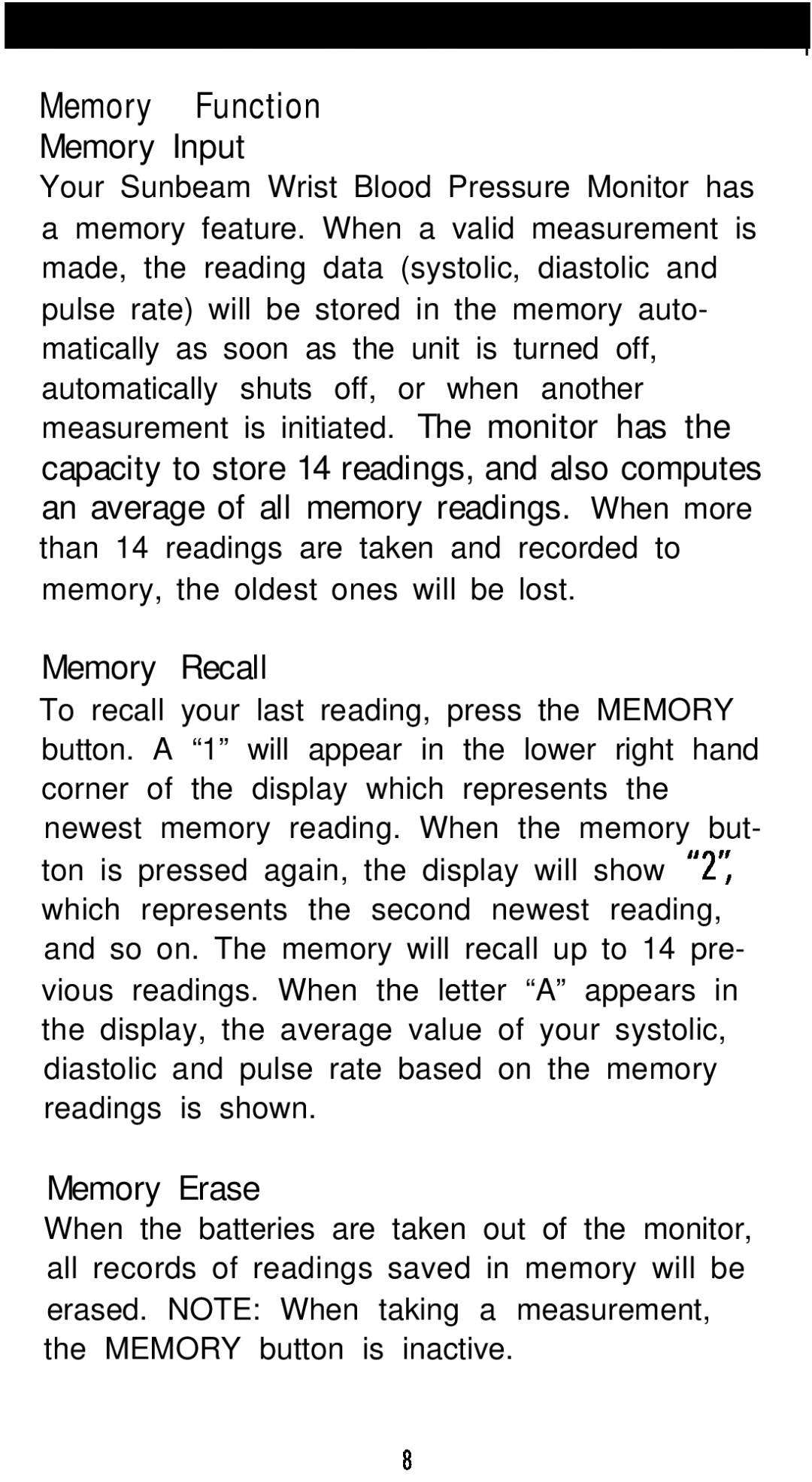 Sunbeam 7689 manual Memory Function, Memory Input, Memory Recall, Memory Erase 