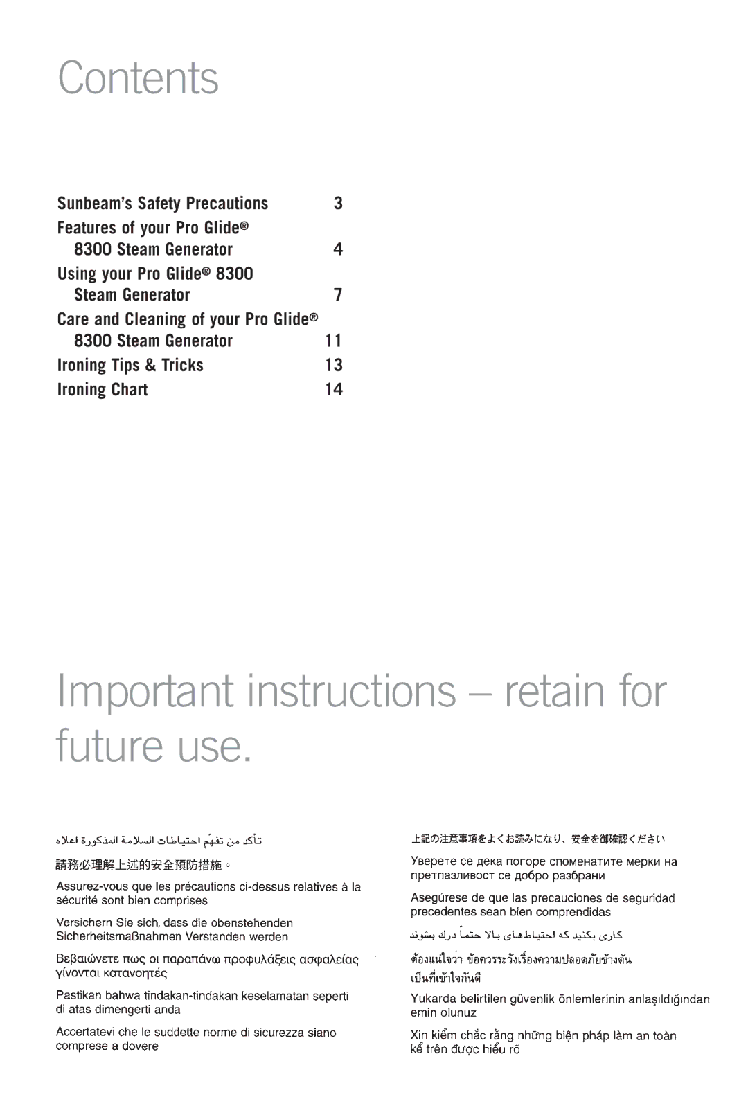 Sunbeam 8300 manual Contents, Important instructions retain for future use 