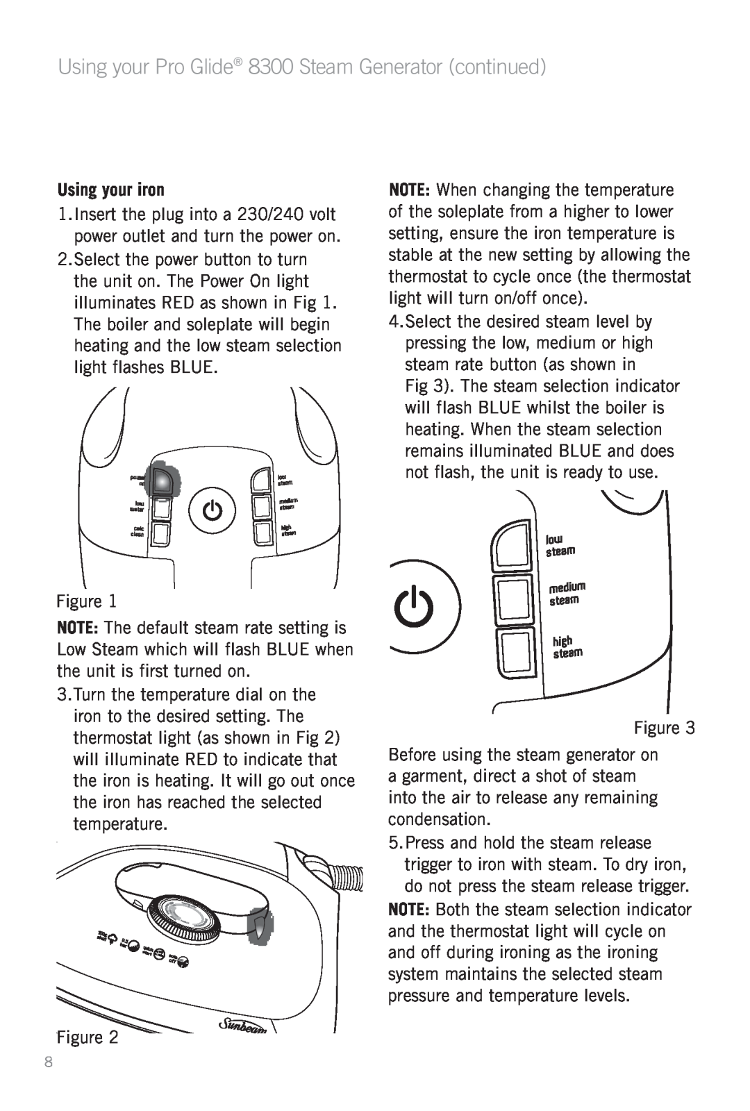 Sunbeam manual Using your Pro Glide 8300 Steam Generator continued, Using your iron 