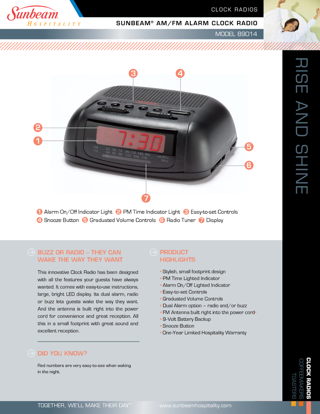 Sunbeam 89014 warranty Rise Shine, Buzz or radio they can wake the way they want, Product Highlights, Did YOU KNOW? 