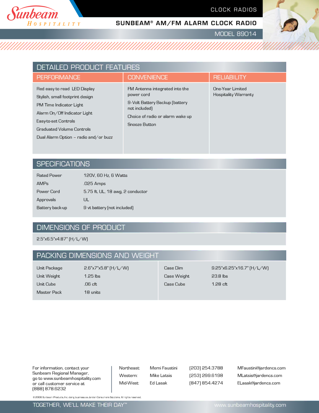 Sunbeam 89014 warranty Detailed Product Features, Specifications, Dimensions of Product, Packing Dimensions and Weight 