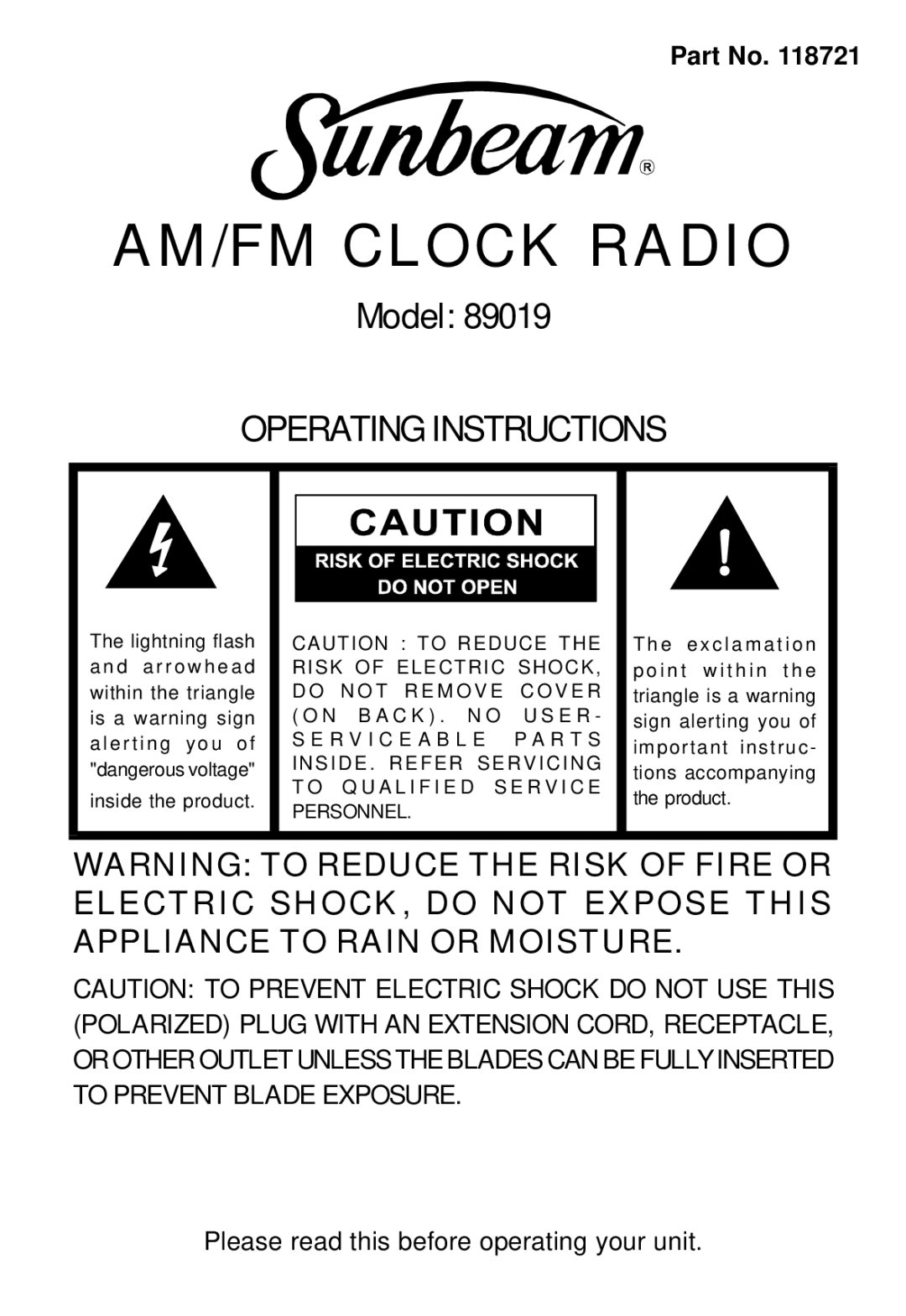 Sunbeam 89019 operating instructions AM/FM Clock Radio 