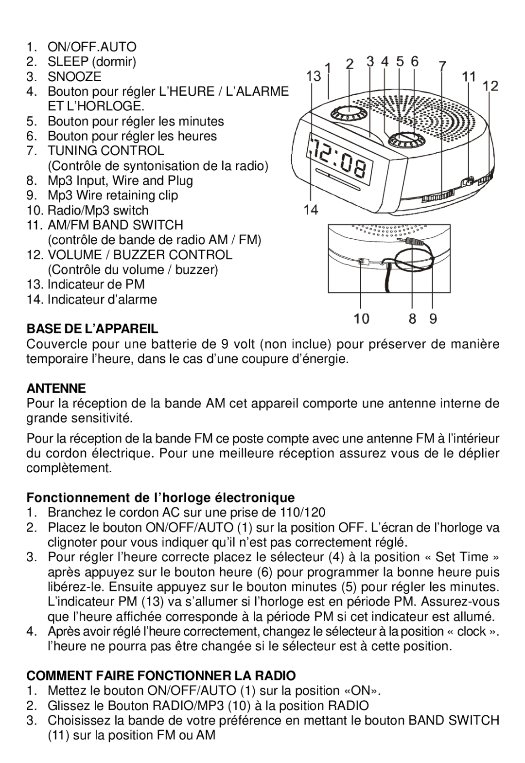 Sunbeam 89019 operating instructions Base DE L’APPAREIL, Antenne, Comment Faire Fonctionner LA Radio 