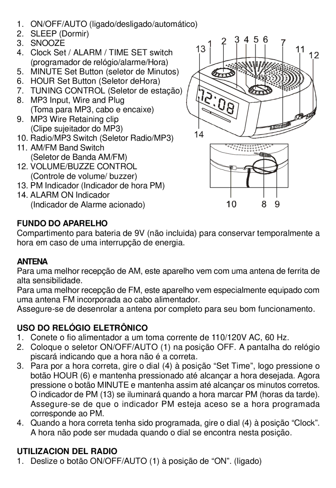 Sunbeam 89019 operating instructions Fundo do Aparelho, Antena, USO do Relógio Eletrônico, Utilizacion DEL Radio 