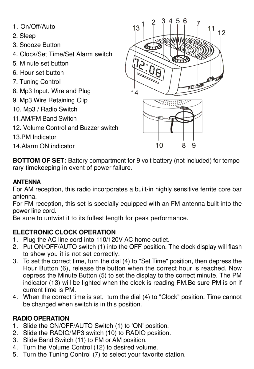 Sunbeam 89019 operating instructions Antenna, Electronic Clock Operation, Radio Operation 