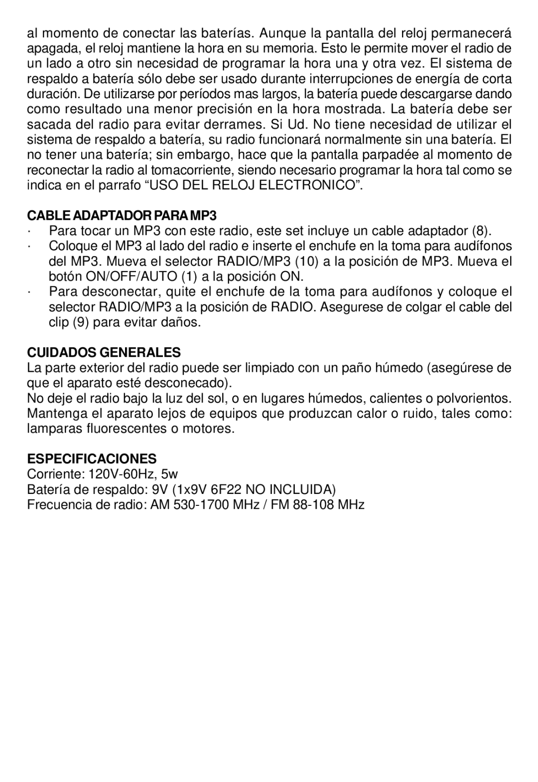 Sunbeam 89019 operating instructions Cableadaptador PARAMP3, Cuidados Generales, Especificaciones 