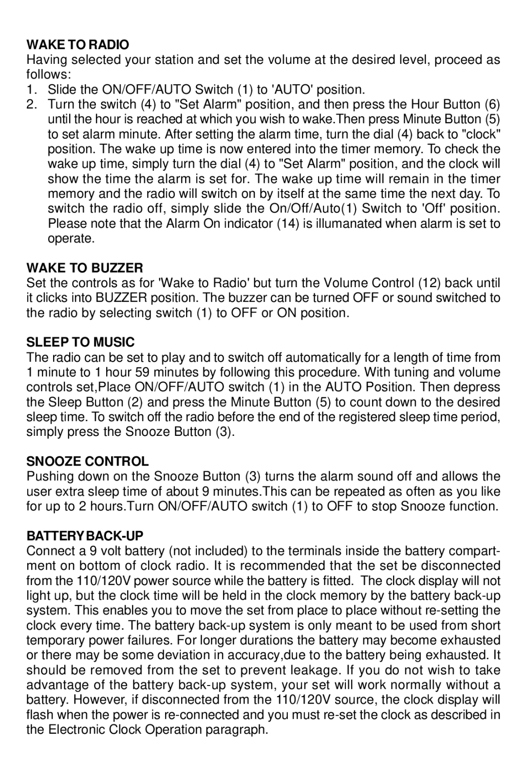 Sunbeam 89019 operating instructions Wake to Radio, Wake to Buzzer, Sleep to Music, Snooze Control, Batteryback-Up 