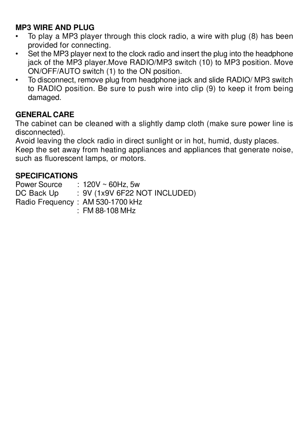 Sunbeam 89019 operating instructions MP3 Wire and Plug, General Care, Specifications 