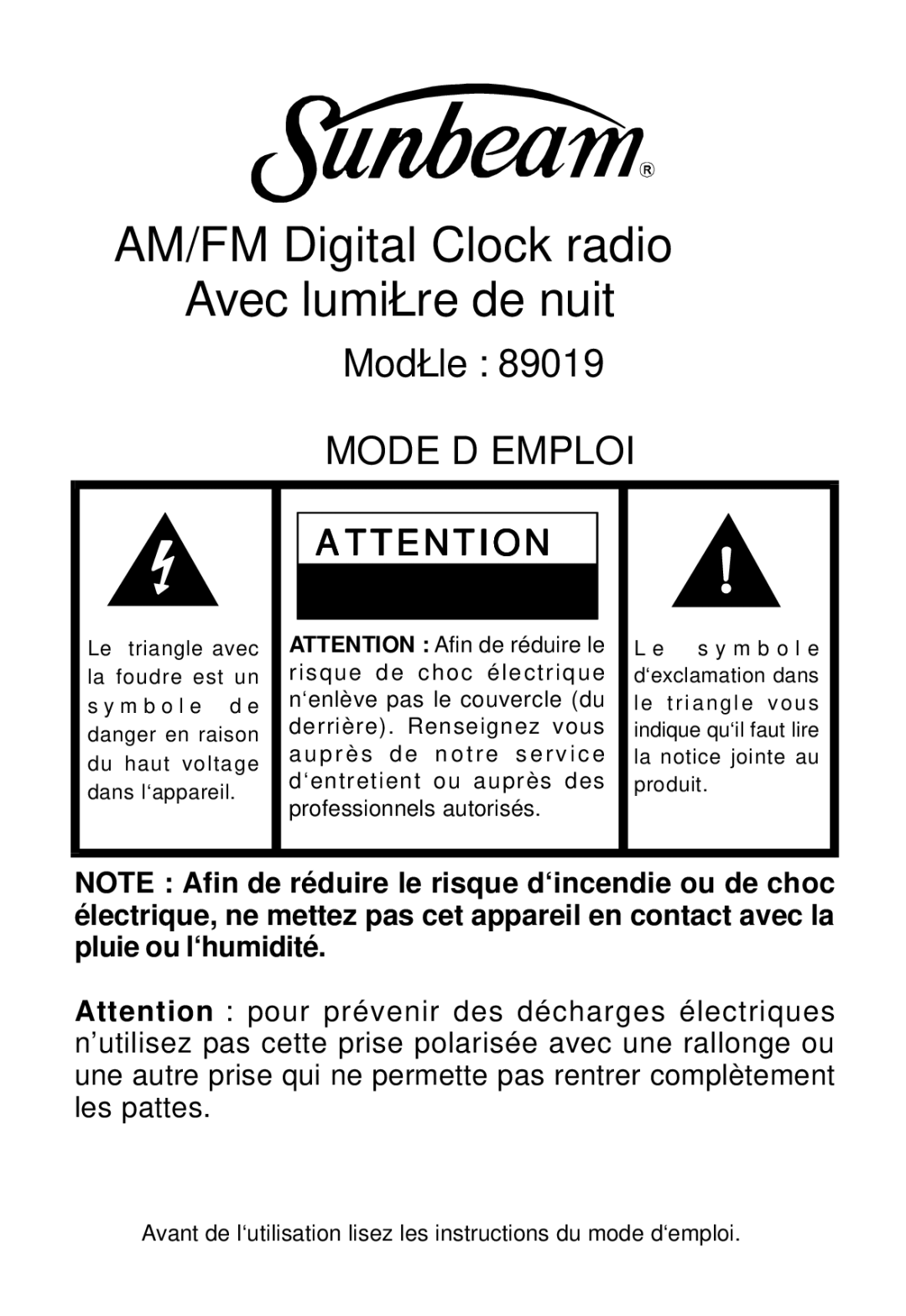 Sunbeam 89019 operating instructions AM/FM Digital Clock radio Avec lumière de nuit 