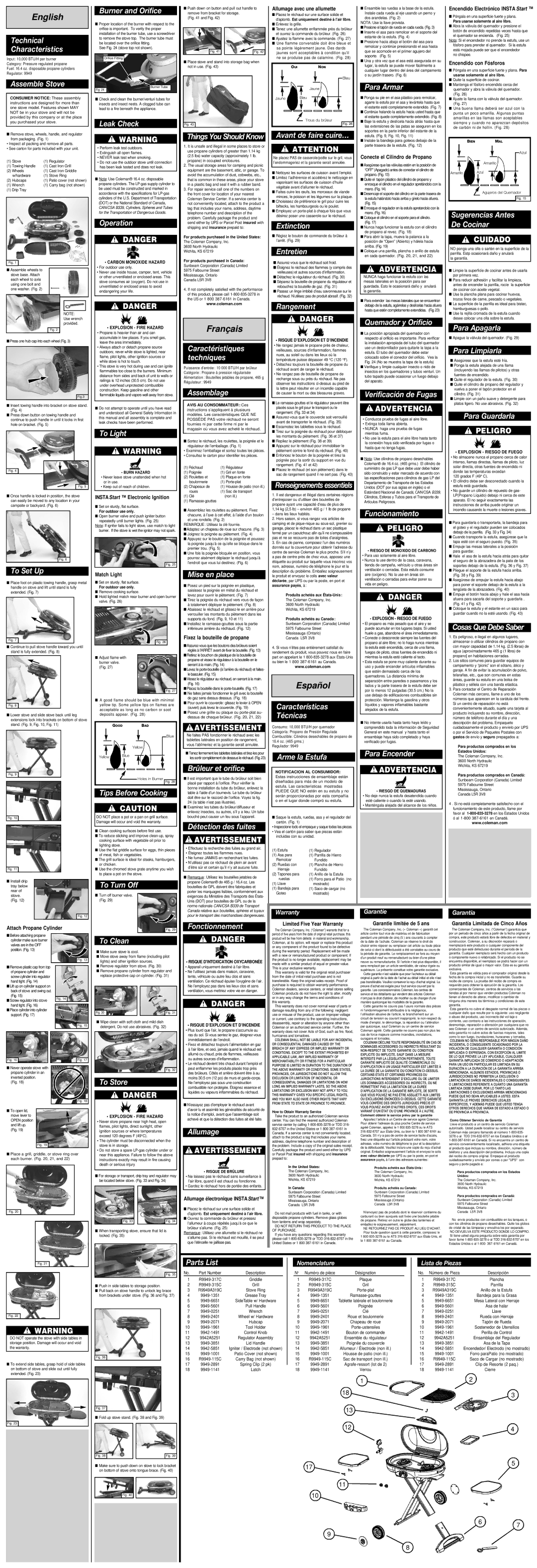 Sunbeam 9949A050T Technical Characteristics, Assemble Stove, To Set Up, Burner and Orifice, Leak Check, Operation 