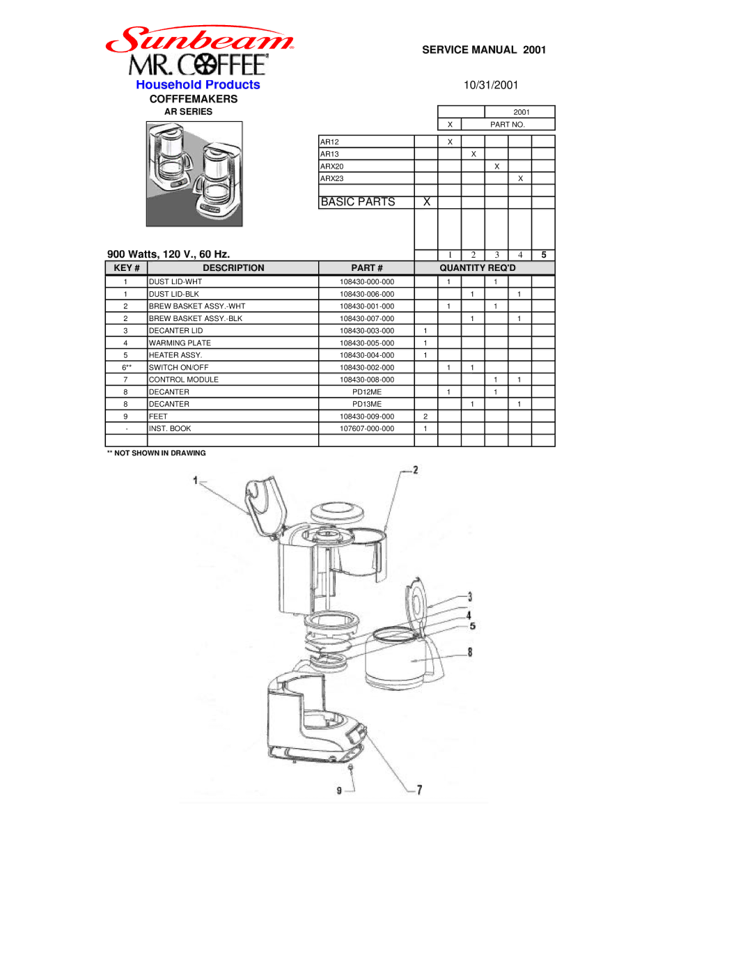 Sunbeam ARX20, AR13 service manual Household Products, Cofffemakers, Watts, 120 V., 60 Hz, AR Series, KEY # Description 