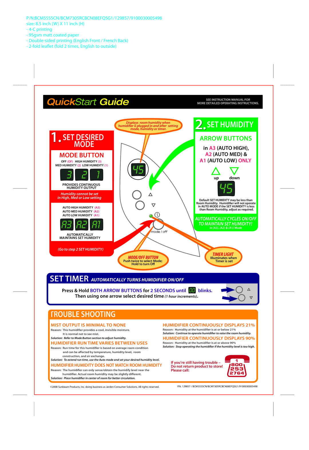 Sunbeam 9100030005498, BCM7305RCBCN08EFQSG1, BCM5555CN, 129857 manual Setmodedesired, SET Humidity, Trouble Shooting 