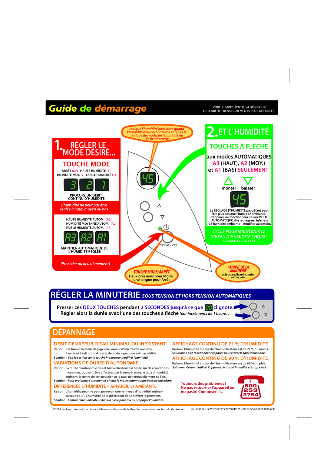 Sunbeam BCM5555CN, BCM7305RCBCN08EFQSG1, 9100030005498, 129857 manual Régler LE Mode Désiré, ET L’ Humidité, Dépannage 
