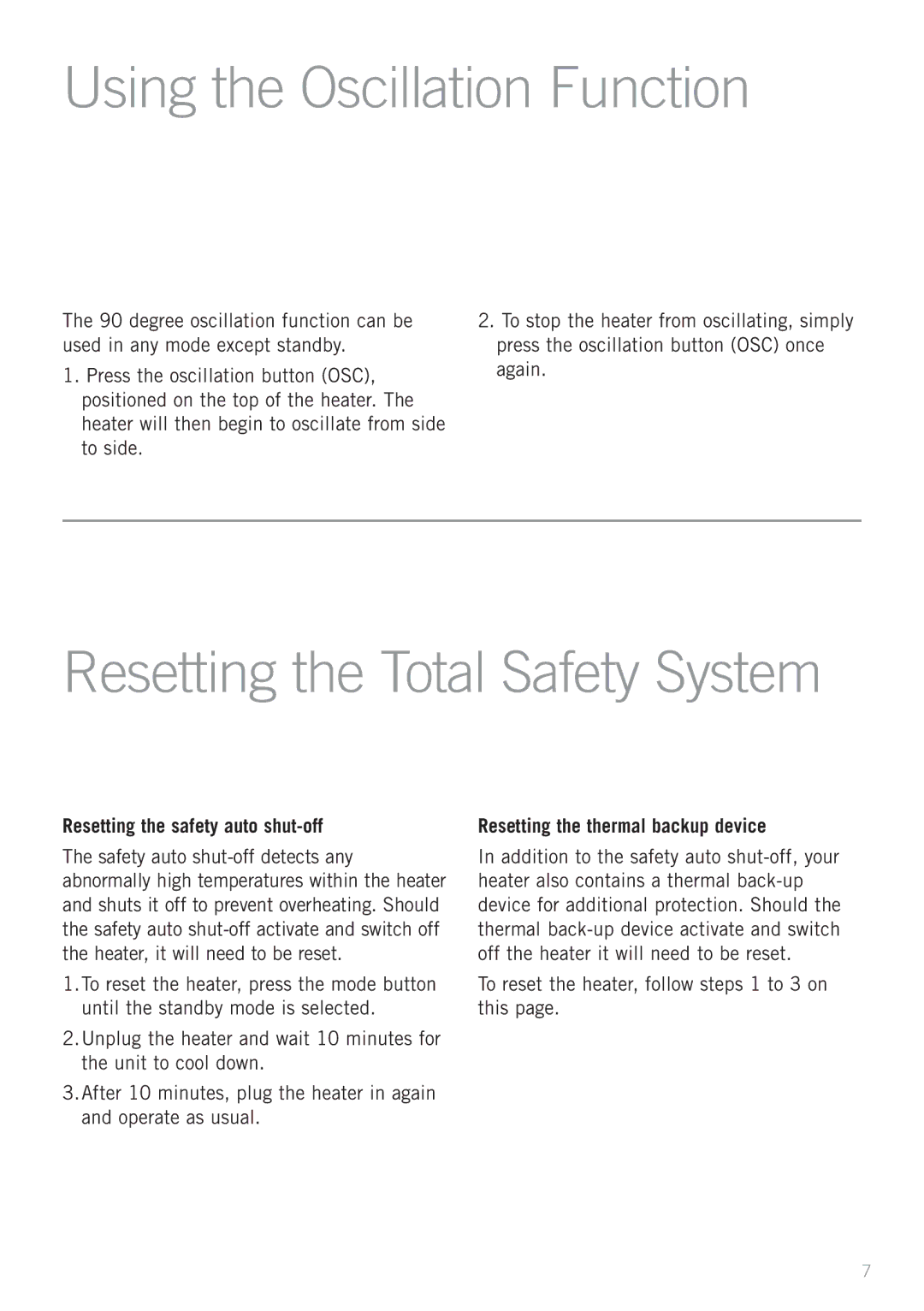 Sunbeam Bedding HE2100 manual Using the Oscillation Function, Resetting the safety auto shut-off 