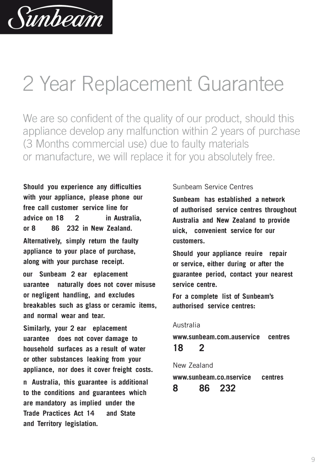 Sunbeam Bedding HE2300 manual Year Replacement Guarantee, Sunbeam Service Centres, Australia, New Zealand 