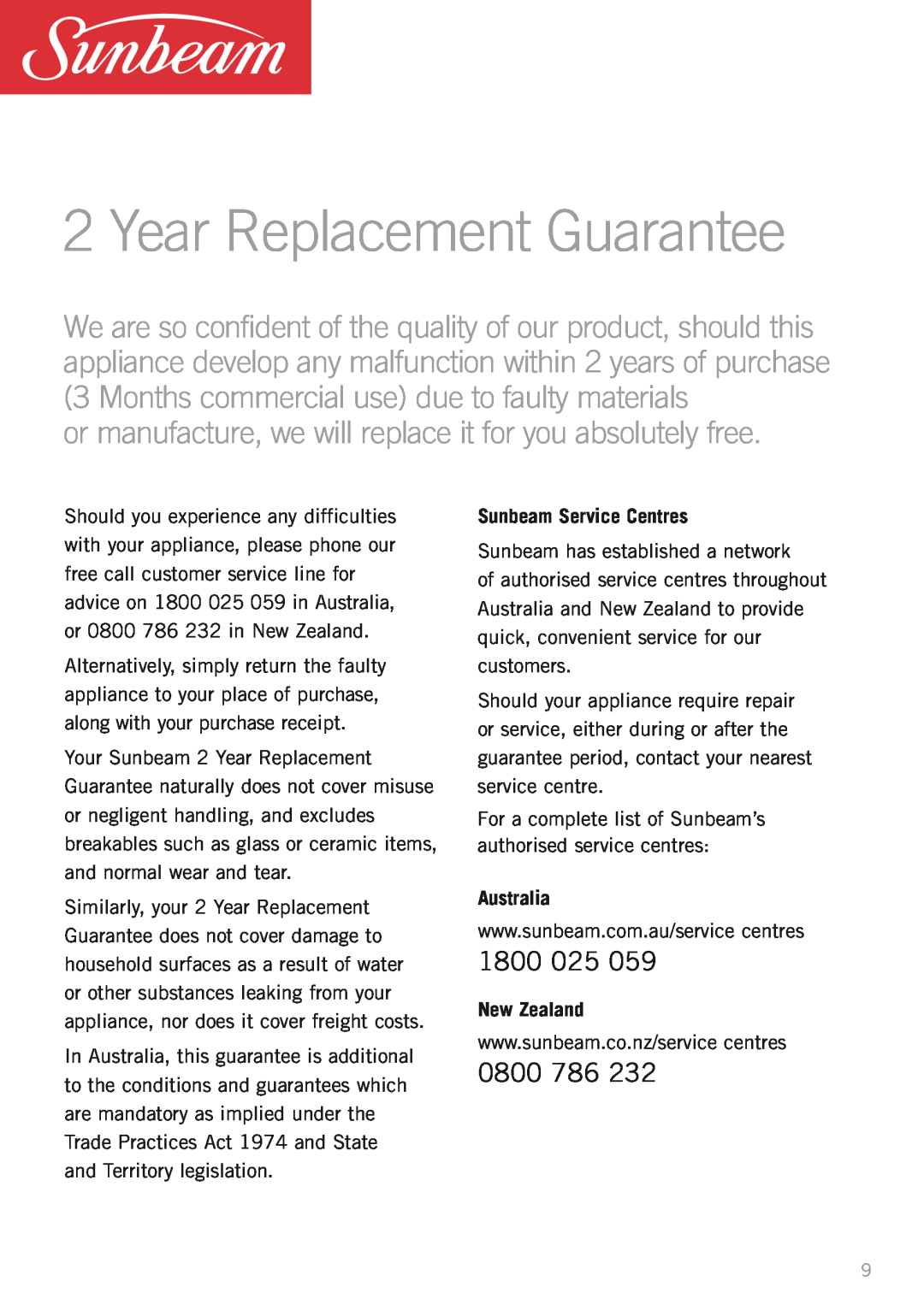 Sunbeam Bedding HE2300 manual Year Replacement Guarantee, 1800, 0800, Sunbeam Service Centres, Australia, New Zealand 