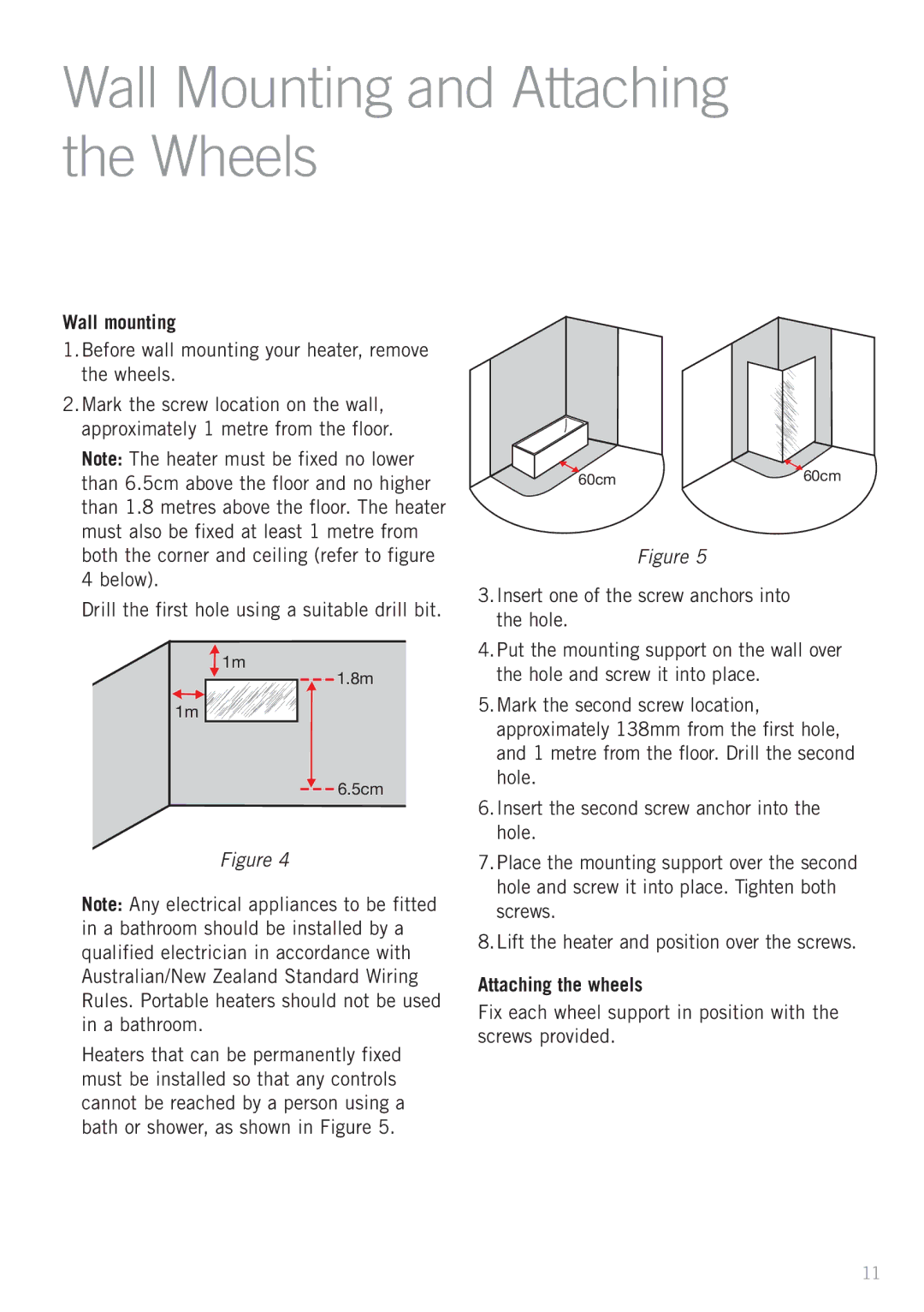 Sunbeam Bedding HE3100, HE3900 manual Wall Mounting and Attaching the Wheels, Wall mounting, Attaching the wheels 