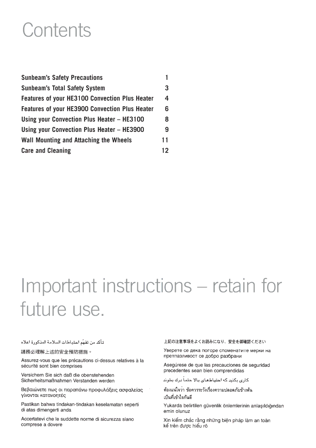 Sunbeam Bedding HE3900, HE3100 manual Contents, Important instructions retain for future use 