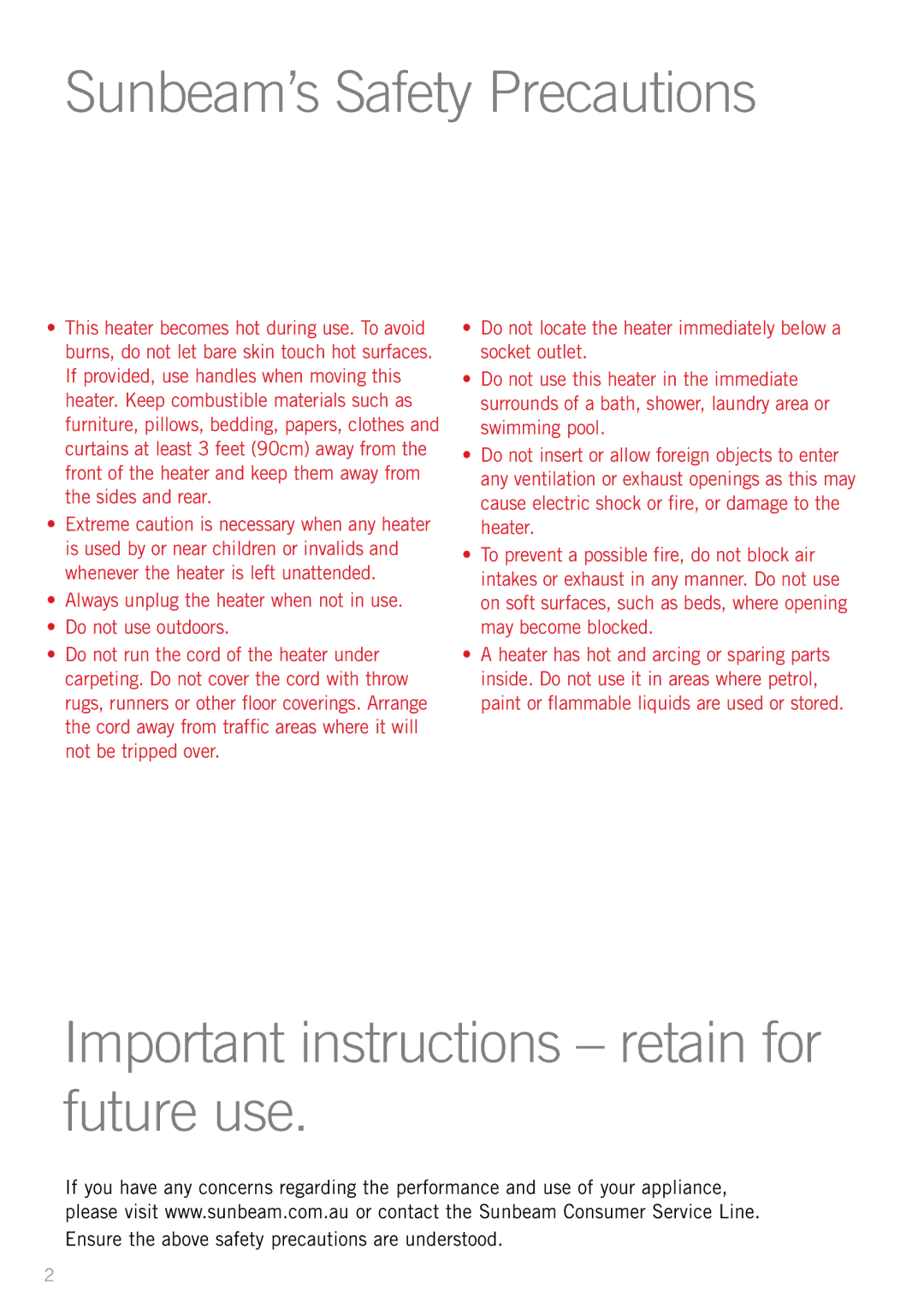 Sunbeam Bedding MF2000, MF1500 manual Important instructions retain for future use 