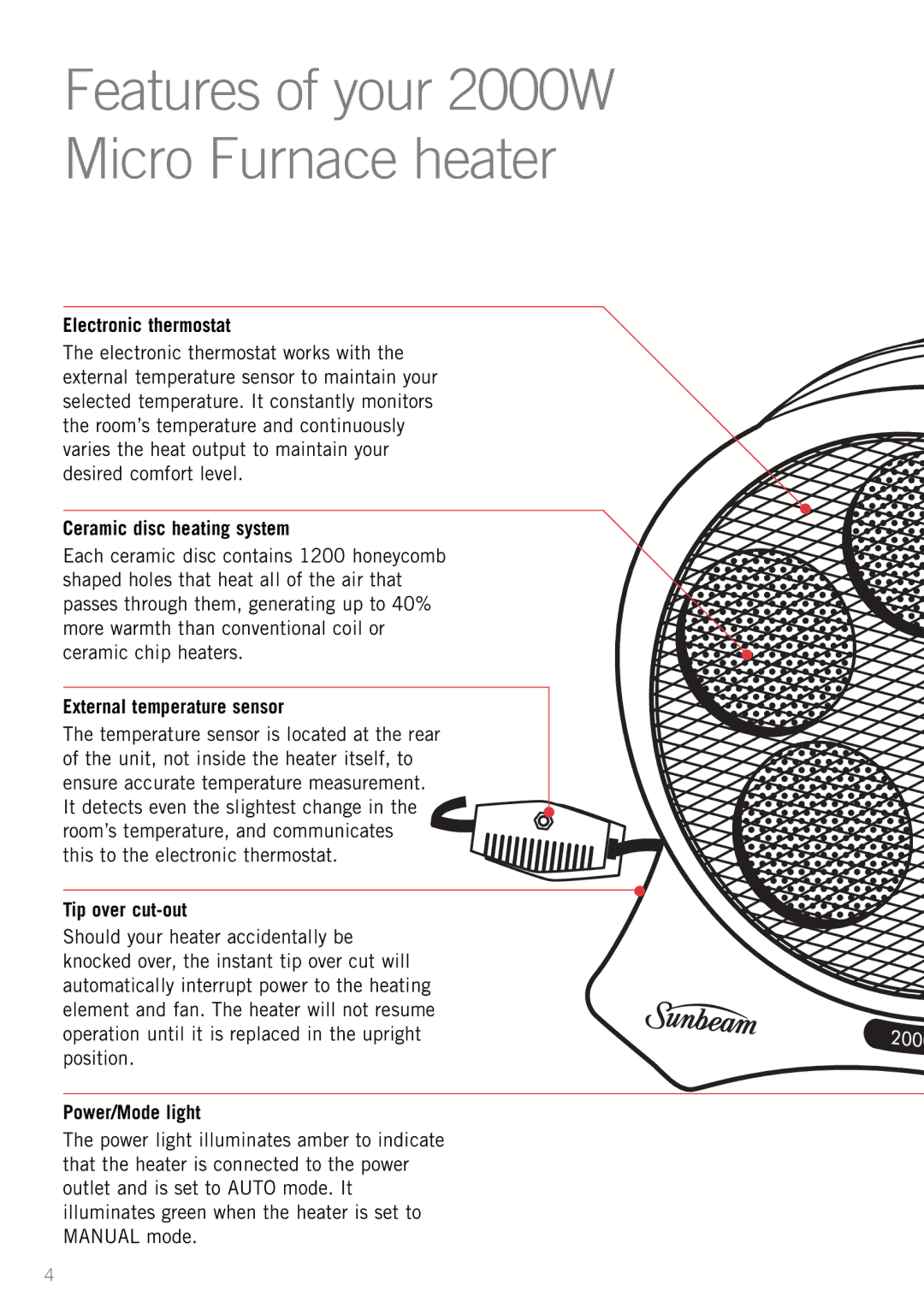 Sunbeam Bedding MF2000 Electronic thermostat, Ceramic disc heating system, External temperature sensor, Tip over cut-out 