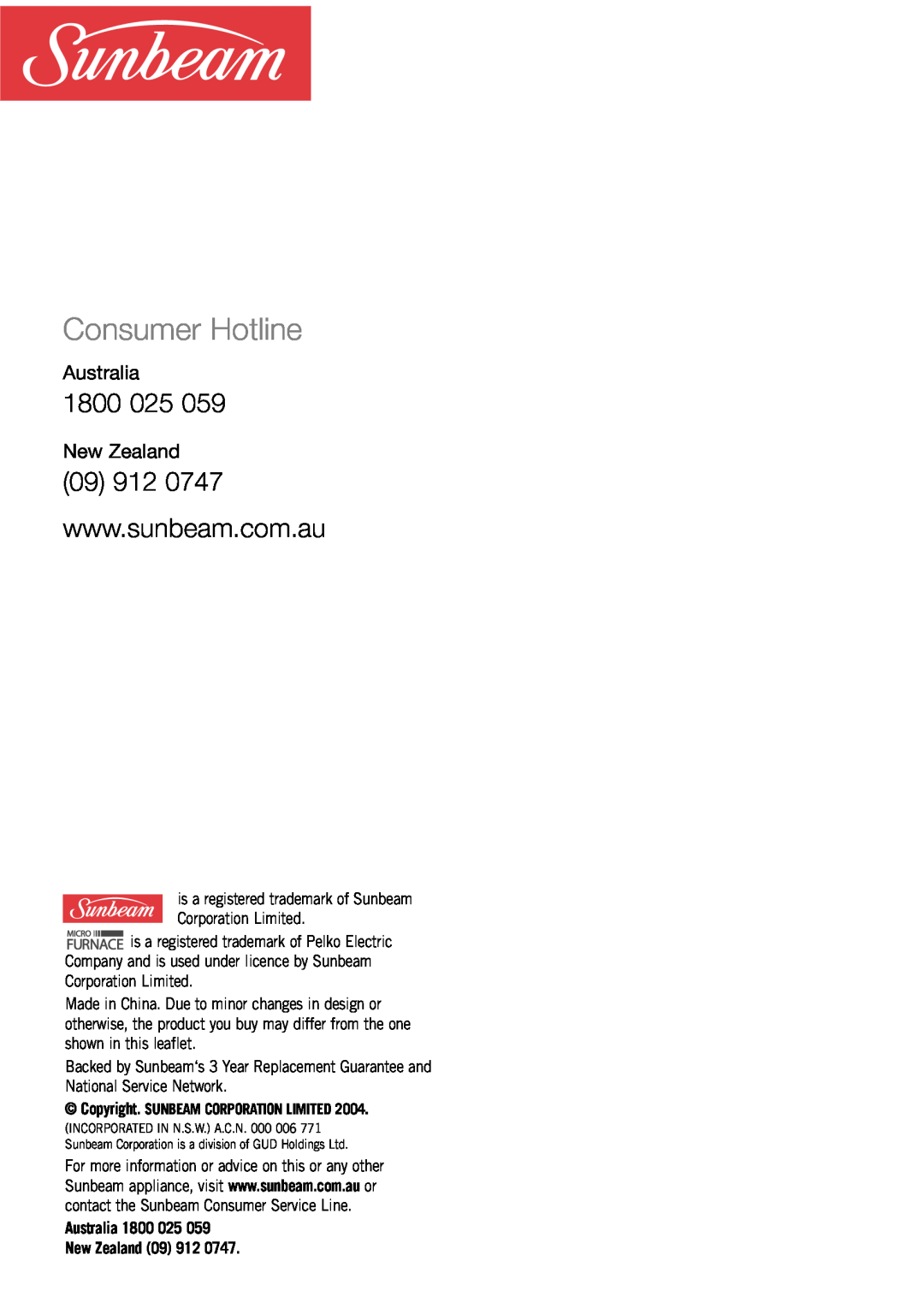Sunbeam Bedding MF2000, MF1500 manual Consumer Hotline, Australia 1800 025 New Zealand 