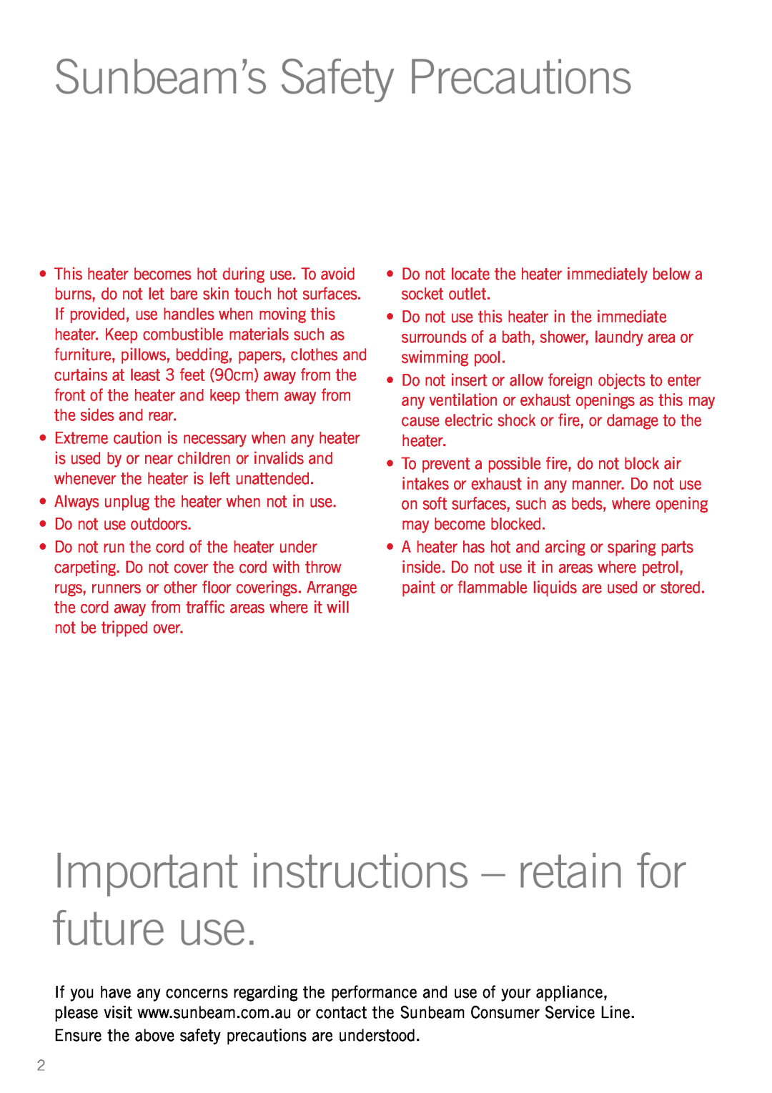 Sunbeam Bedding MF2000, MF1500 manual Important instructions - retain for future use, Sunbeam’s Safety Precautions 