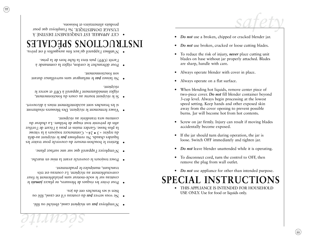 Sunbeam BLSBX-3350W-033 instruction manual Sécurité Safety, Spéciales Instructions 