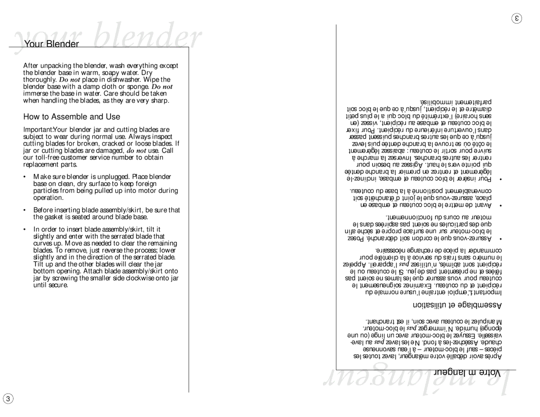 Sunbeam BLSBX-3350W-033 instruction manual Mélangeur le, YourYour Blender blender, Mélangeur Votre, How to Assemble and Use 