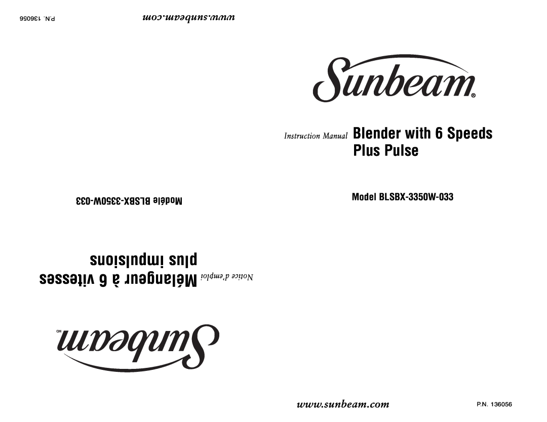 Sunbeam BLSBX-3350W-033 instruction manual Plus Pulse, impulsions plus, vitesses 6 à Mélangeur, com.sunbeam.www, P.N 