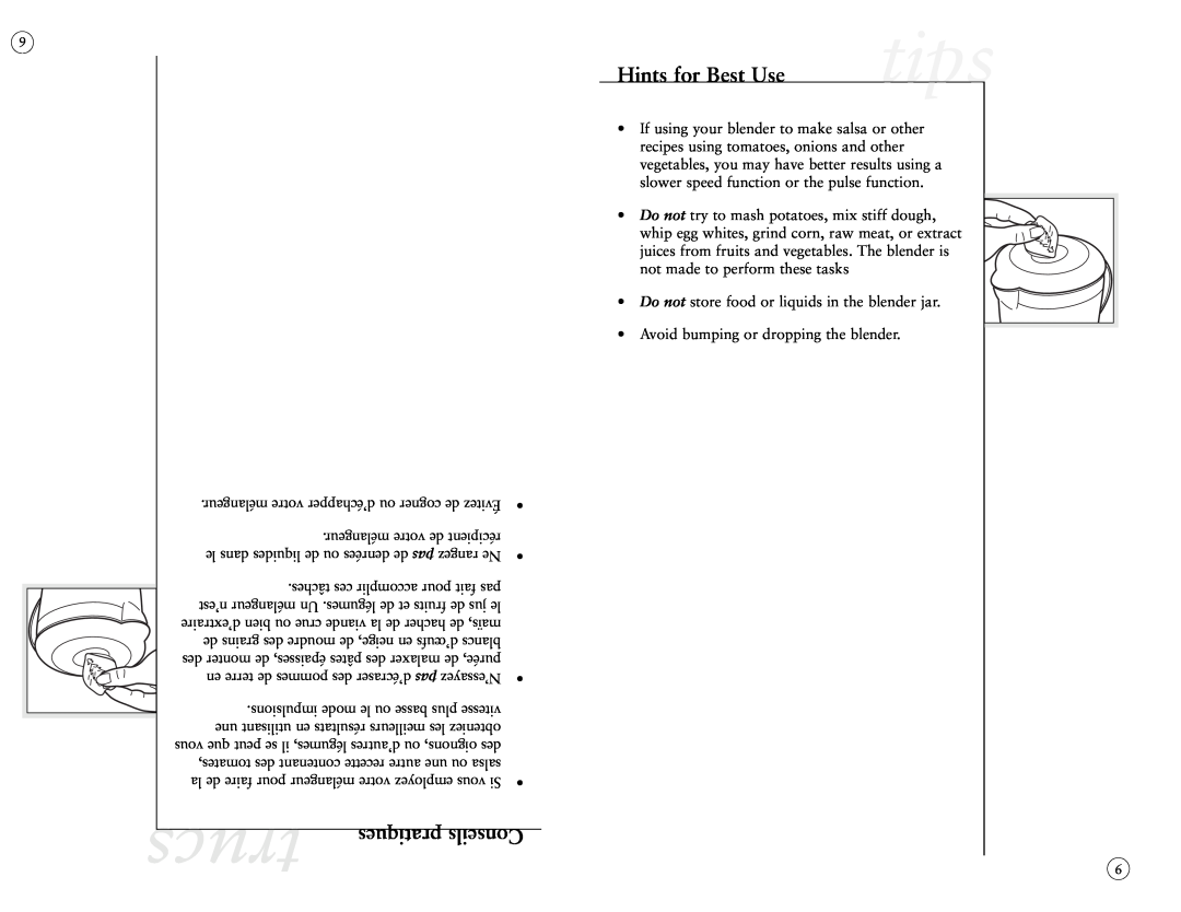 Sunbeam BLSBX-3350W-033 instruction manual trucs, Hints for Best Use, pratiques Conseils, tips 