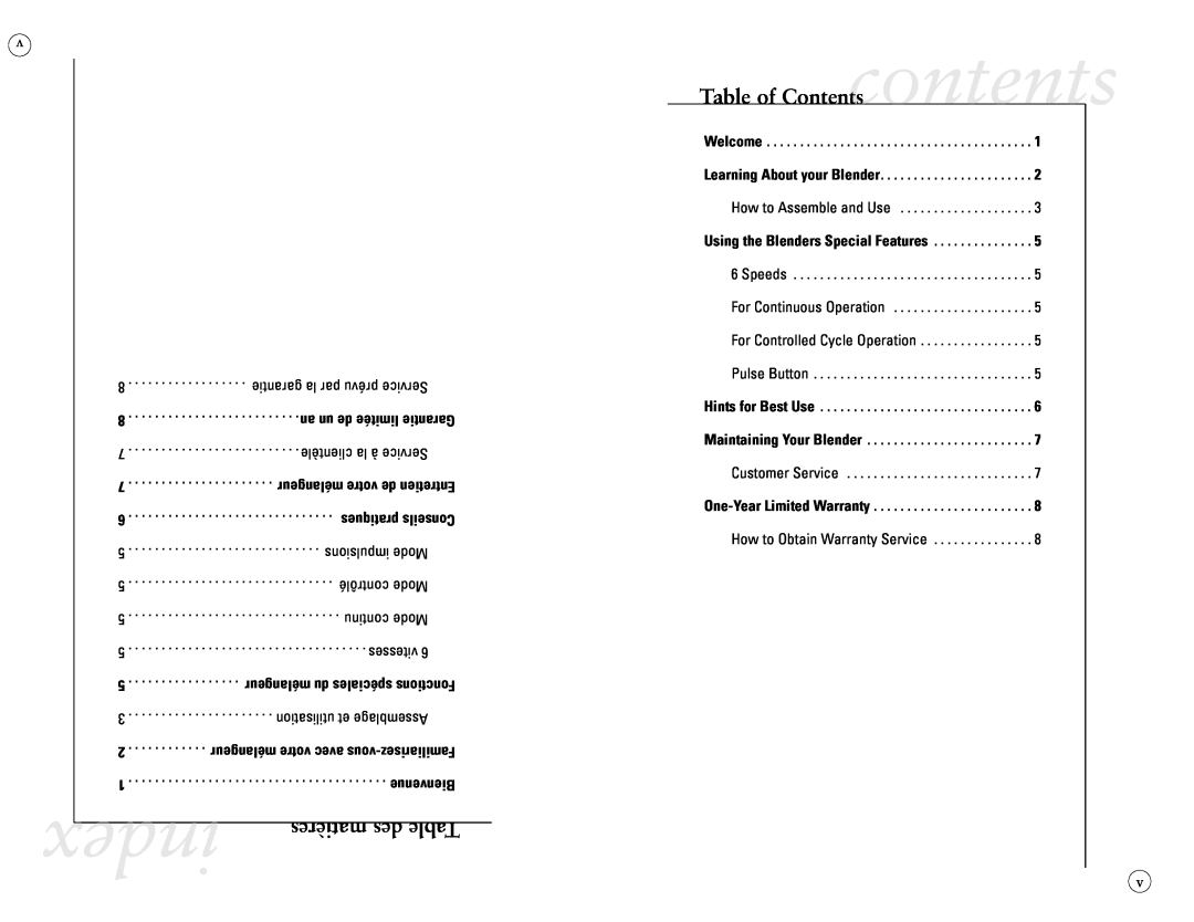 Sunbeam BLSBX-3350W-033 instruction manual matières des Table, Table of Contentscontents, index 