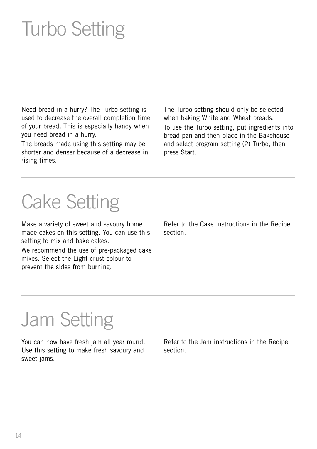 Sunbeam BM3500 manual Turbo Setting, Cake Setting, Jam Setting 