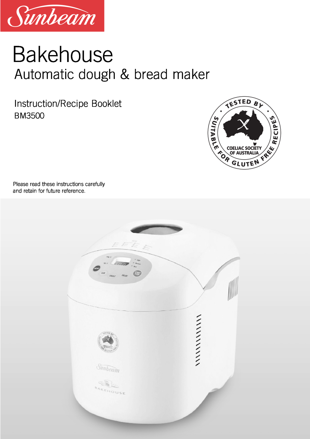 Sunbeam BM3500 manual Bakehouse, Automatic dough & bread maker, Instruction/Recipe Booklet 