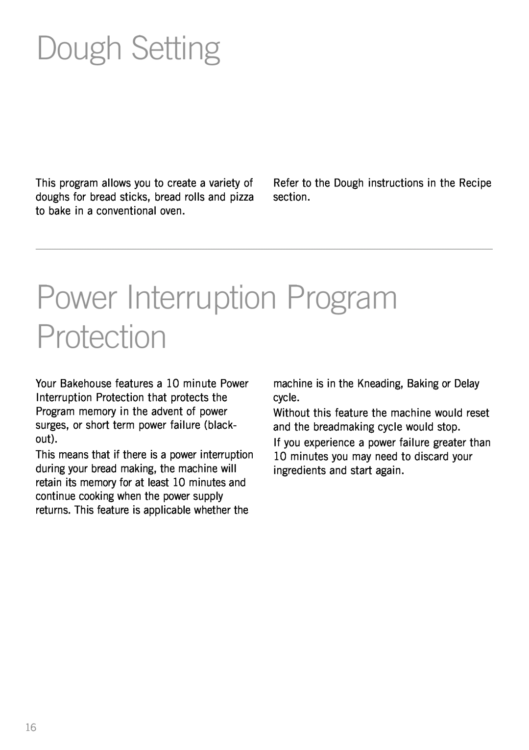 Sunbeam BM3500 manual Dough Setting, Power Interruption Program Protection 