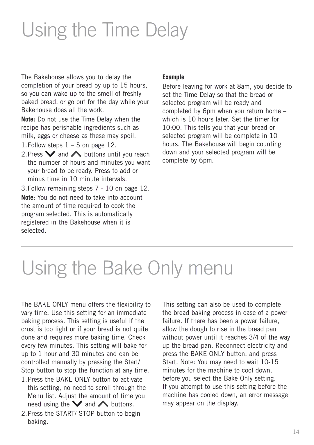 Sunbeam BM4500 manual Using the Time Delay, Using the Bake Only menu, Example 