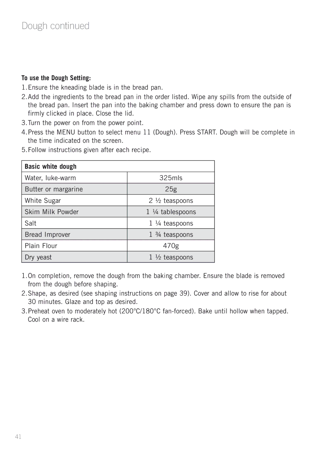 Sunbeam BM4500 manual To use the Dough Setting, Basic white dough 