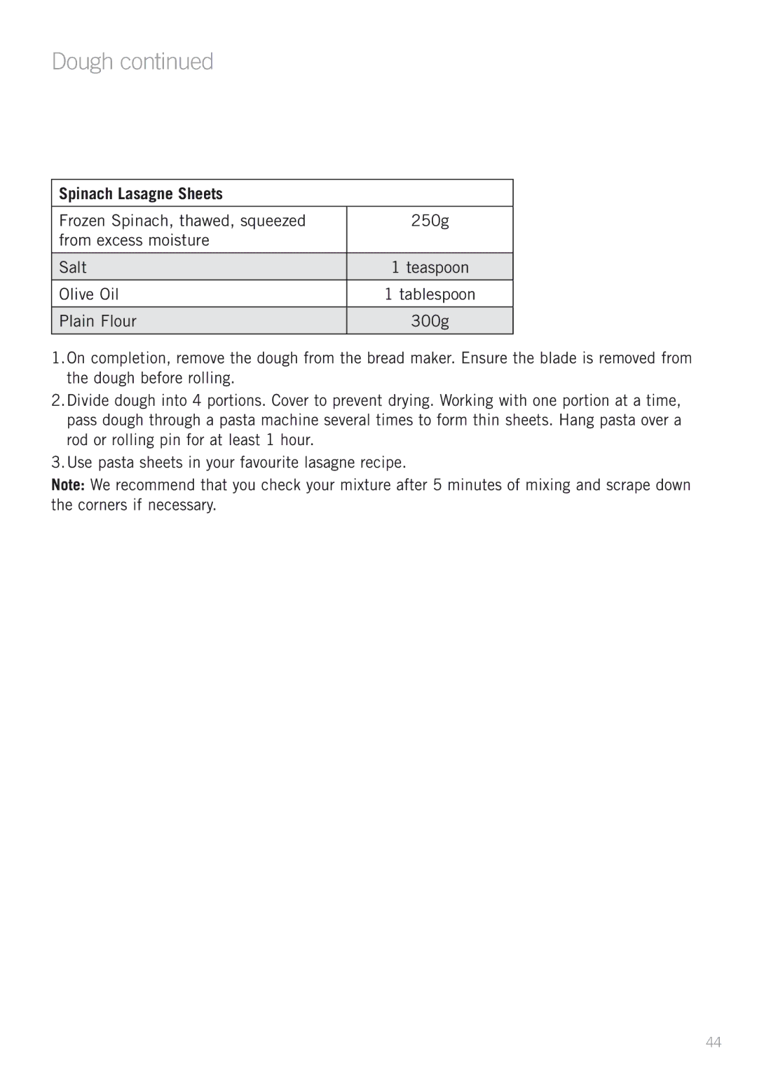 Sunbeam BM4500 manual Spinach Lasagne Sheets 