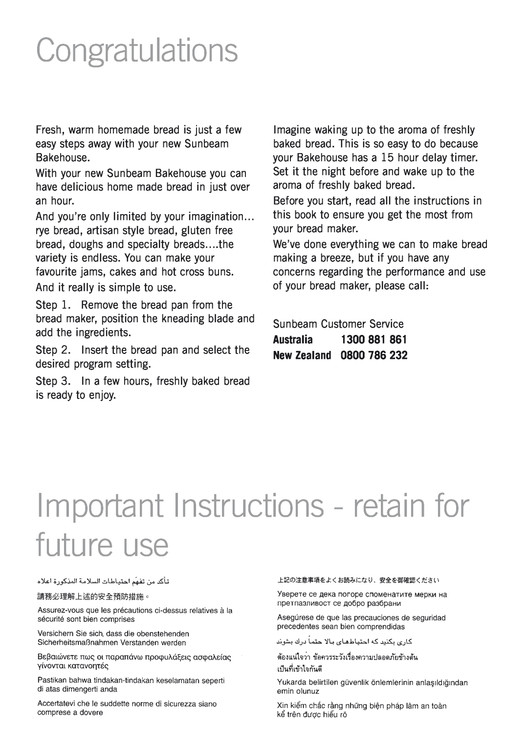 Sunbeam BM4500 manual Congratulations, Important Instructions - retain for future use, Australia, 1300 881, 0800 